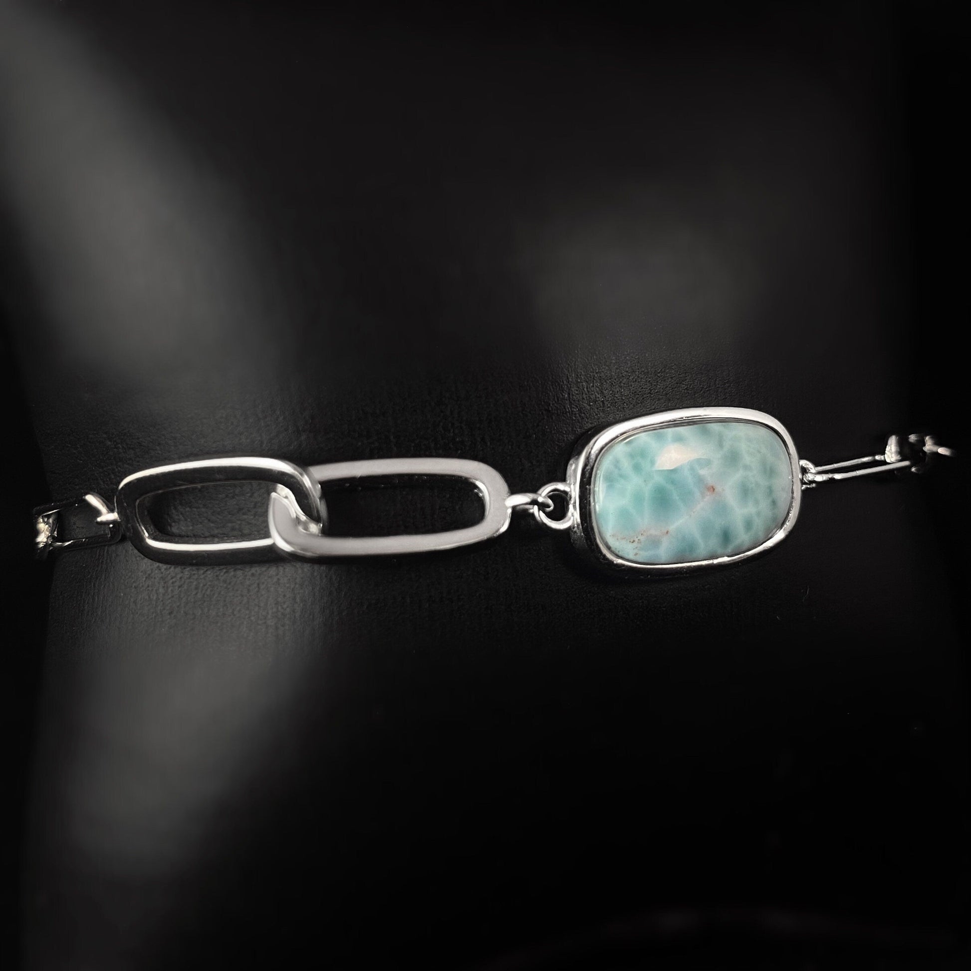 Sterling Silver Chain Link Bracelet with Oval Natural Larimar Stone