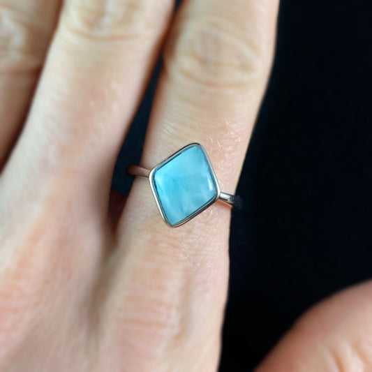Sterling Silver Diamond Shaped Ring with Natural Larimar Stone, Size 7