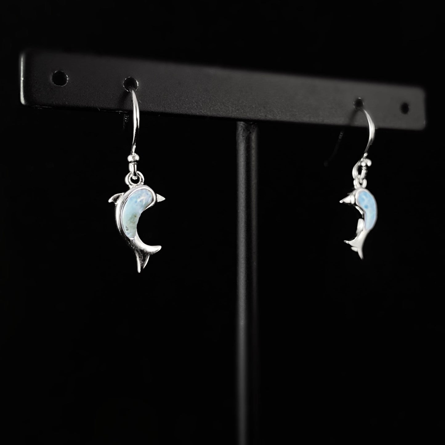 Sterling Silver Dolphin Earrings with Natural Larimar Stones