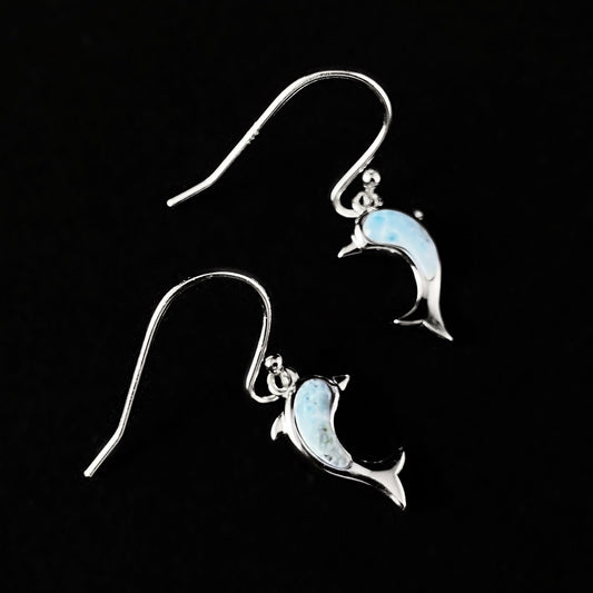 Sterling Silver Dolphin Earrings with Natural Larimar Stones