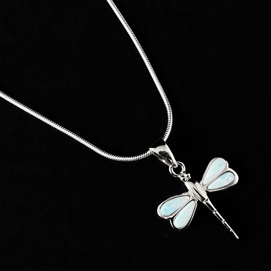 Sterling Silver Dragonfly Necklace with Natural Larimar Stones