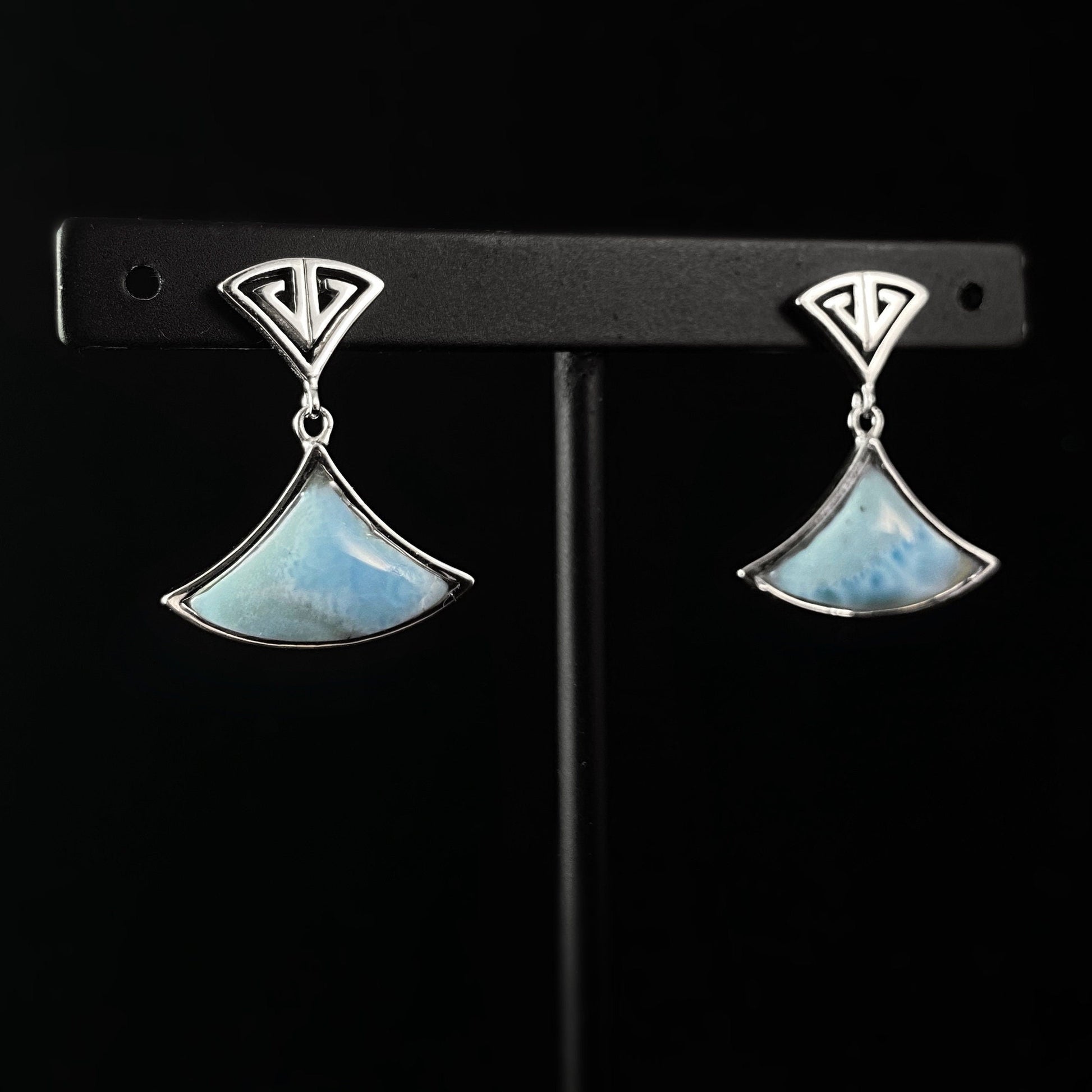 Sterling Silver Greek Design Earrings with Natural Larimar Stones