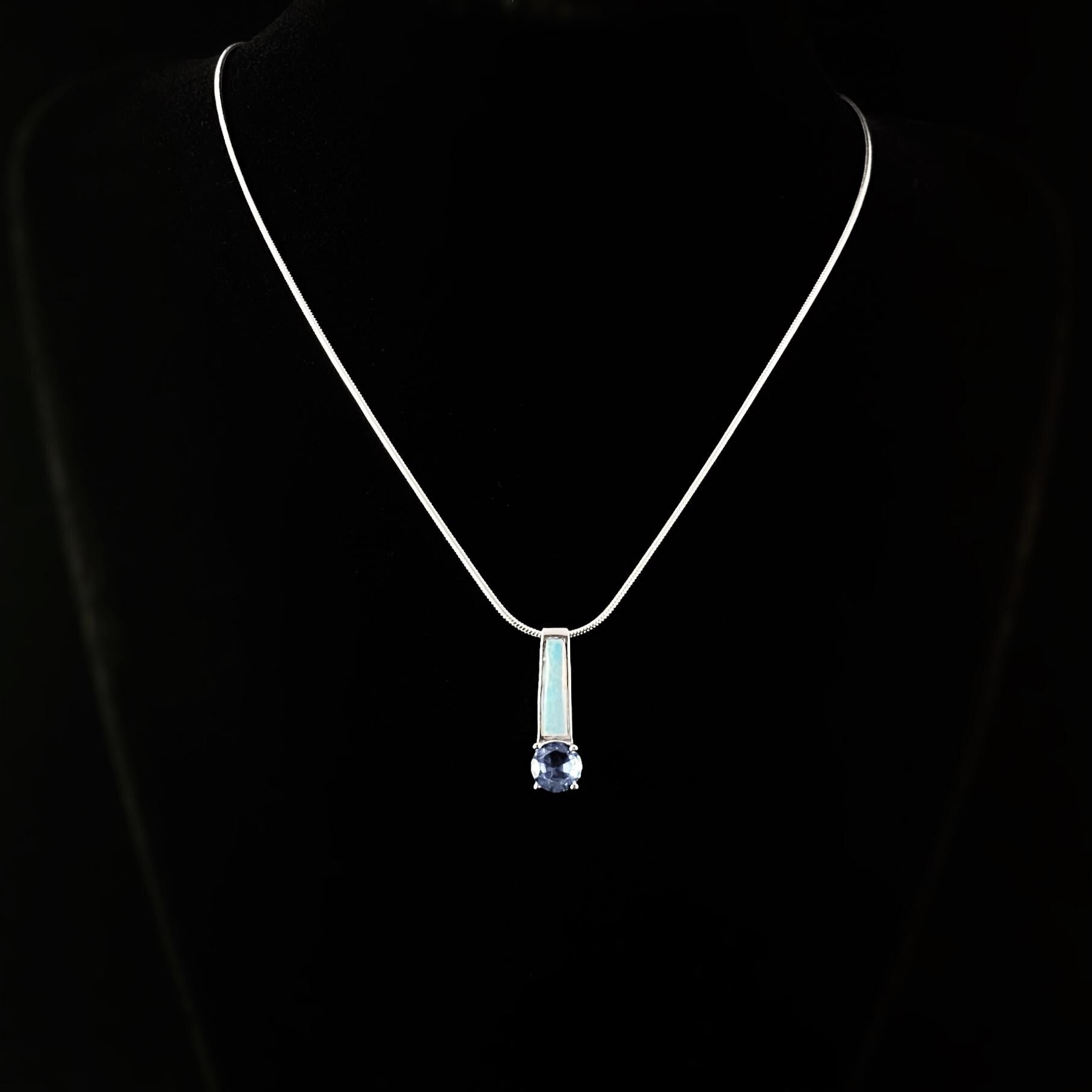 Sterling Silver Necklace with Natural Larimar Stone and Tanzanite