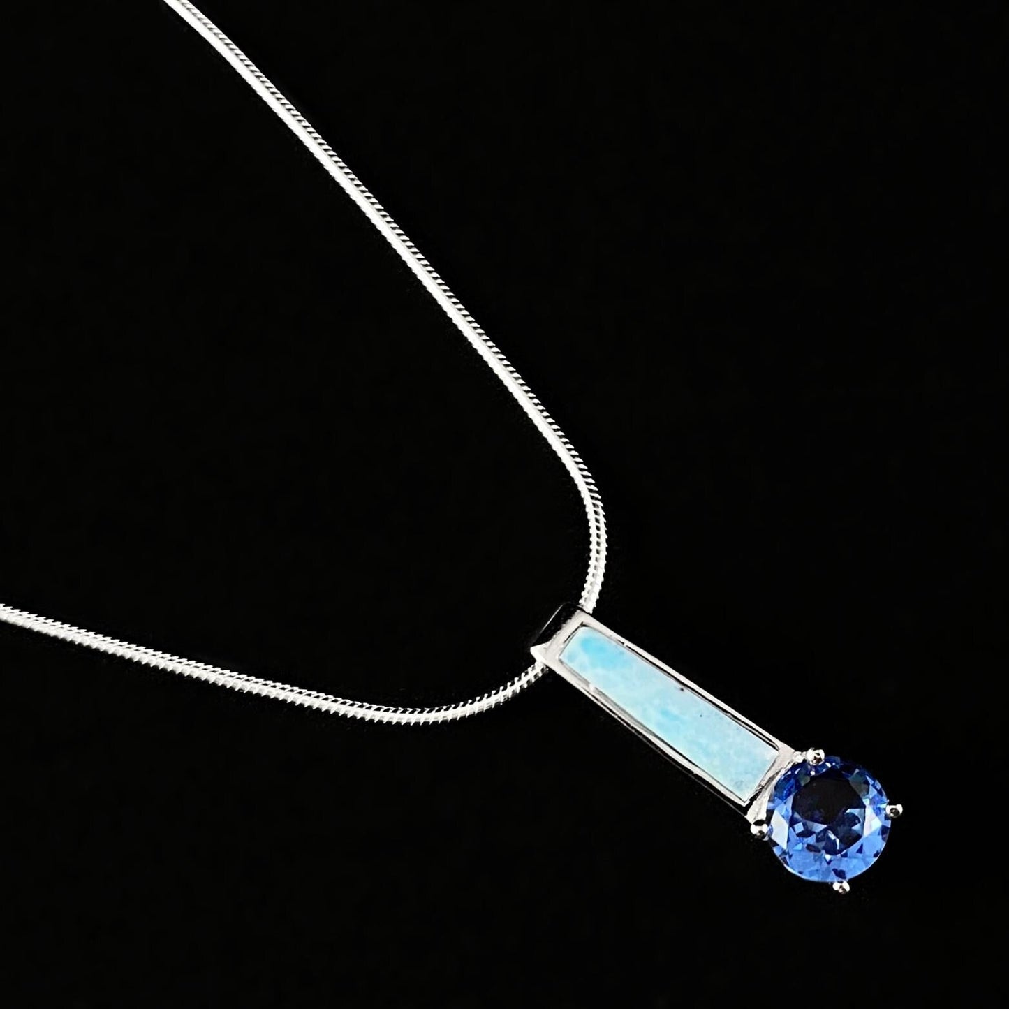 Sterling Silver Necklace with Natural Larimar Stone and Tanzanite