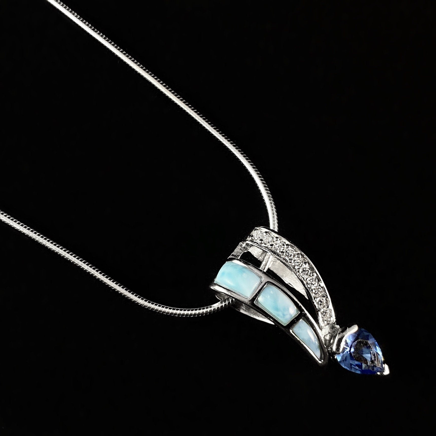 Sterling Silver Necklace with Natural Larimar Stones and Tanzanite