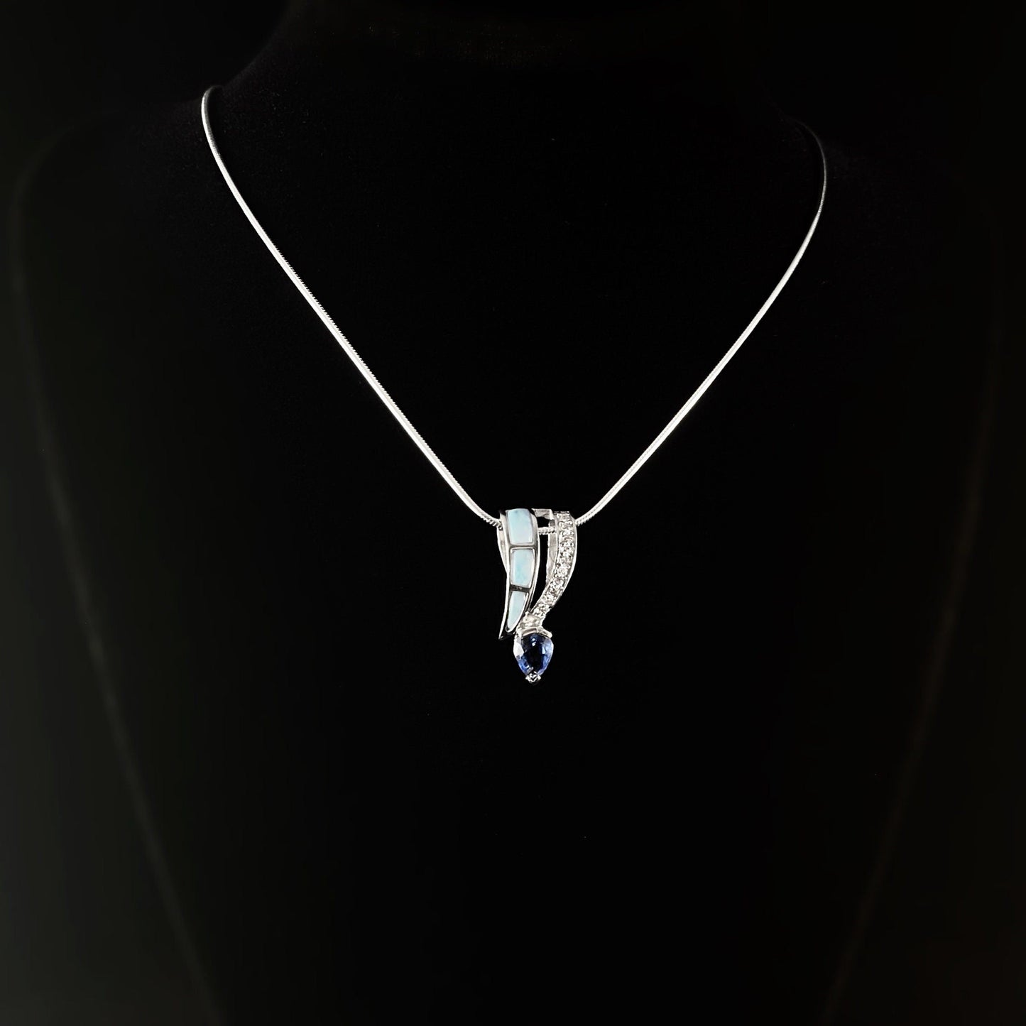 Sterling Silver Necklace with Natural Larimar Stones and Tanzanite