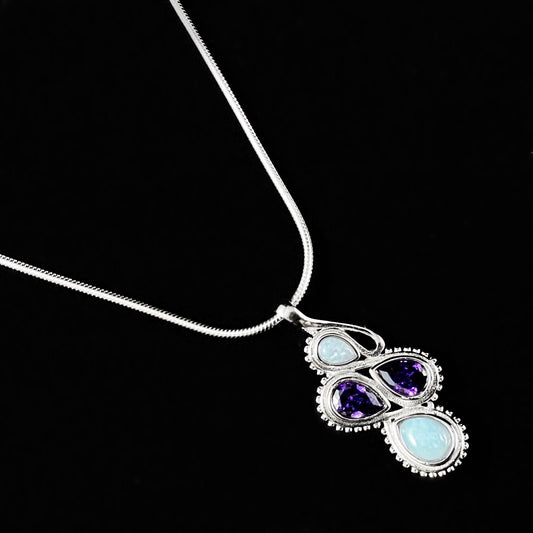 Sterling Silver Necklace with Pear Natural Larimar Stones and Amethyst