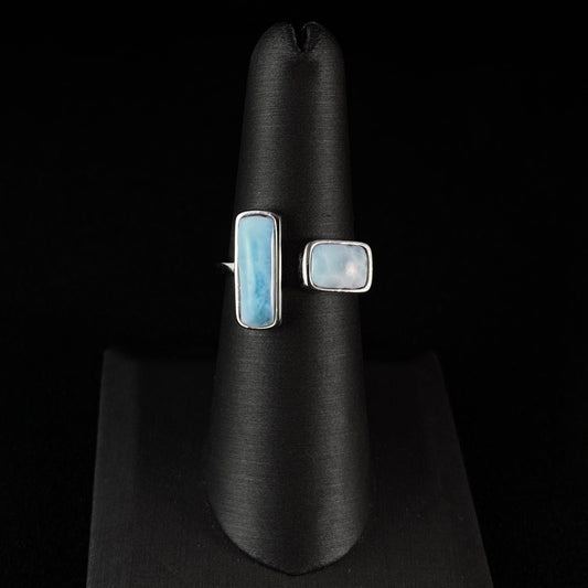 Sterling Silver Open Ring with Natural Larimar Stones, Size 7