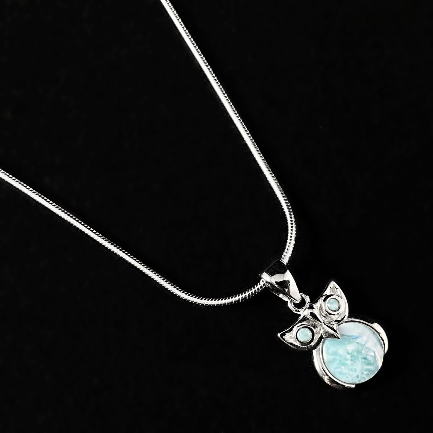 Sterling Silver Owl Necklace with Natural Larimar Stones