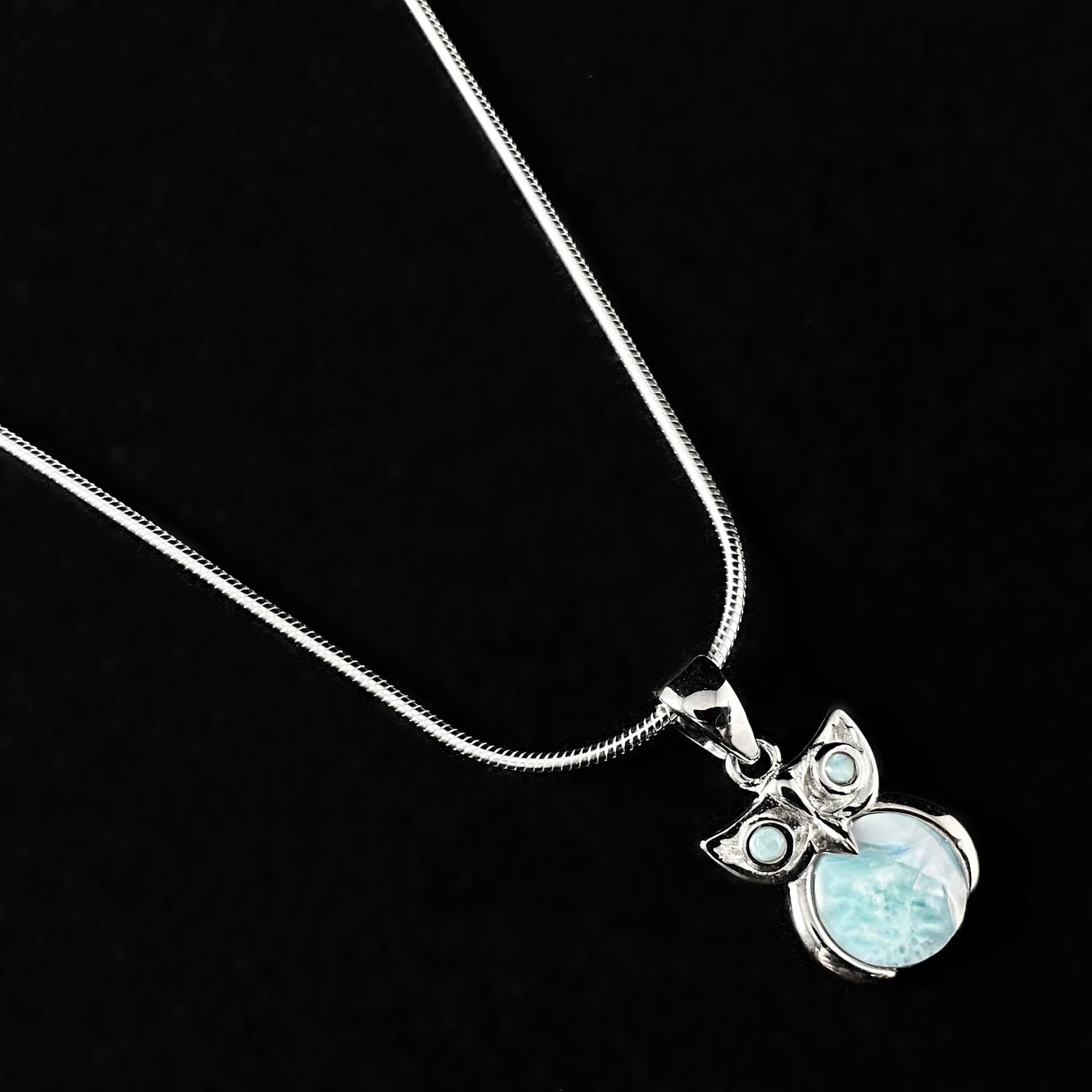Sterling Silver Owl Necklace with Natural Larimar Stones