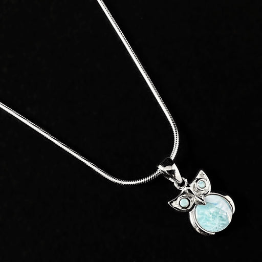 Sterling Silver Owl Necklace with Natural Larimar Stones