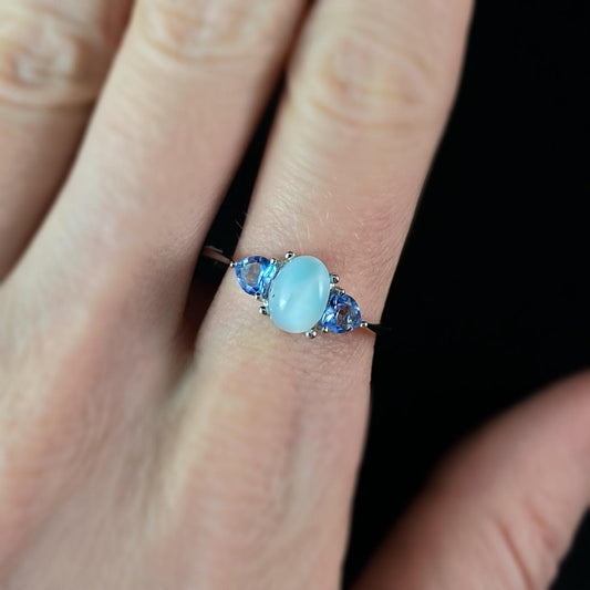 Sterling Silver Ring with Natural Larimar Stone and Heart Shaped Tanzanite, Size 10