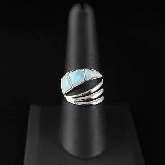 Sterling Silver Ring with Natural Larimar Stones, Size 8