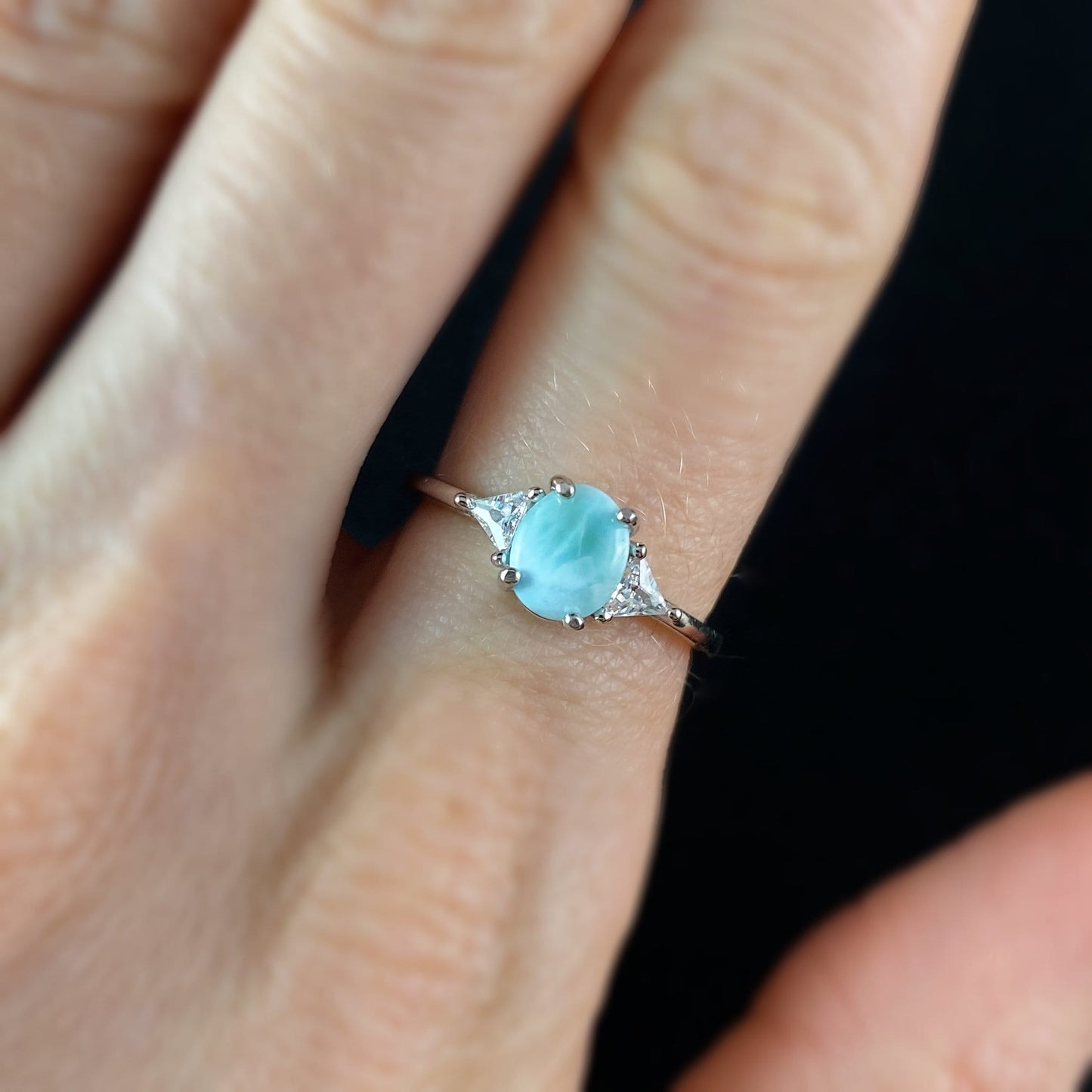 Sterling Silver Ring with Oval Natural Larimar Stone, Size 6