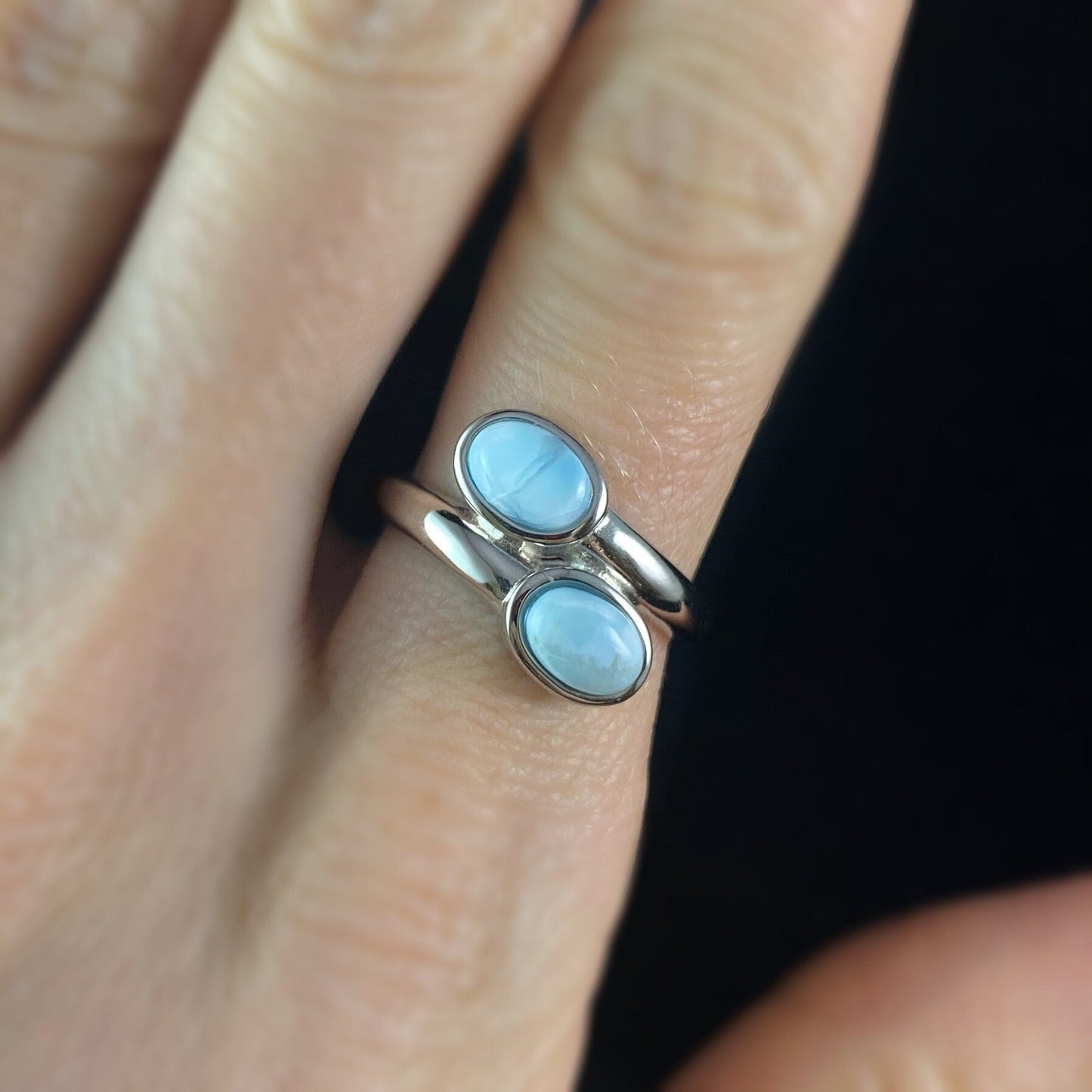 Sterling Silver Ring with Oval Natural Larimar Stones, Size 7