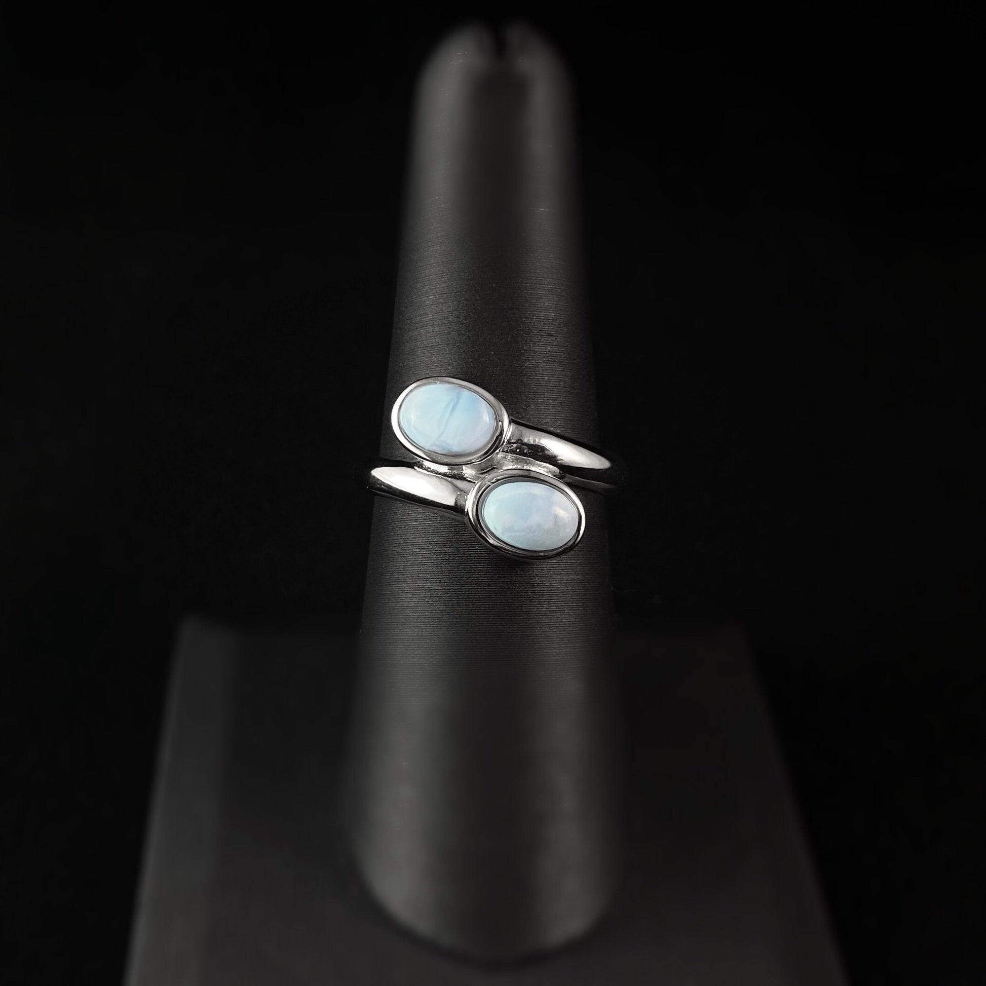 Sterling Silver Ring with Oval Natural Larimar Stones, Size 7