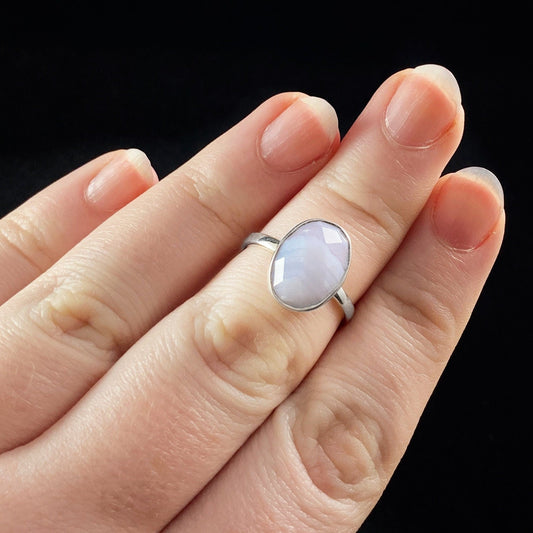 Sterling Silver Ring With Oval Semi-Precious Blue Lace Agate Stone - Silver Jewelry for Women