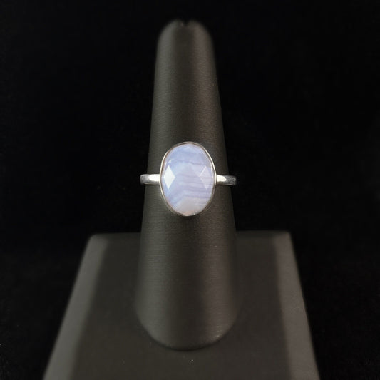 Sterling Silver Ring With Oval Semi-Precious Blue Lace Agate Stone - Silver Jewelry for Women