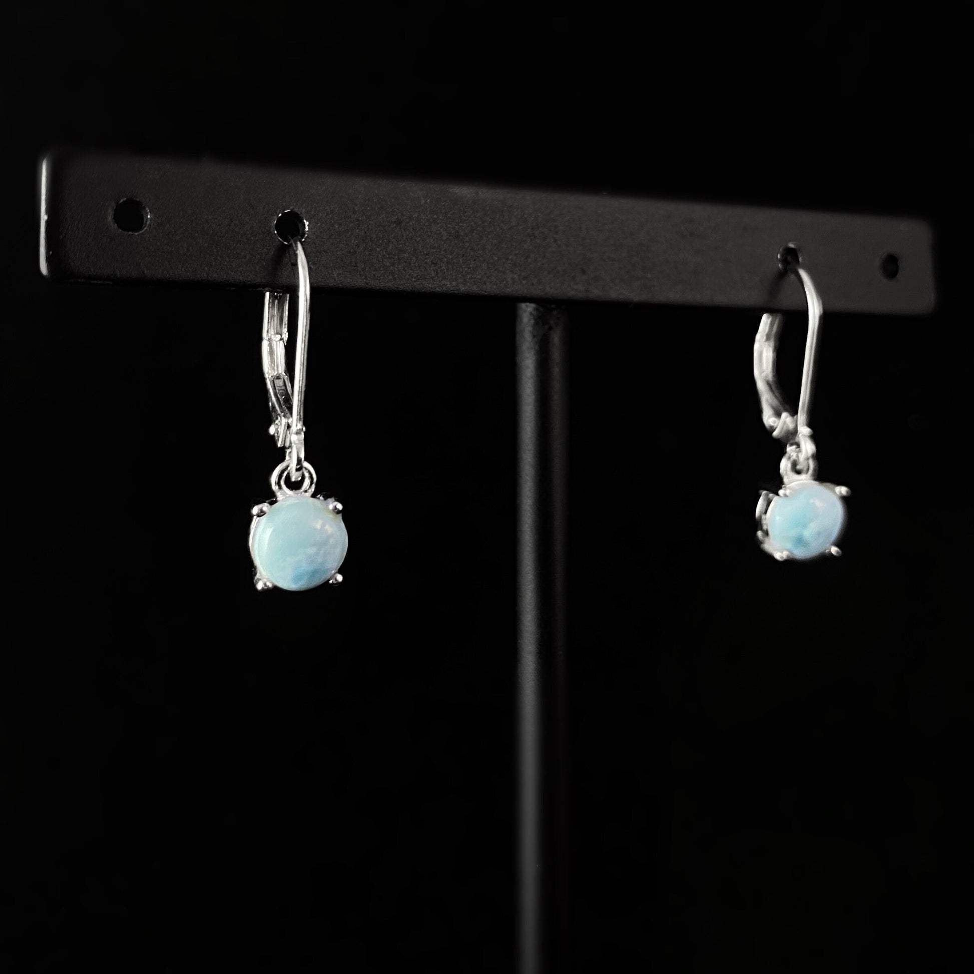 Sterling Silver Round Lever Back Earrings with Natural Larimar Stones