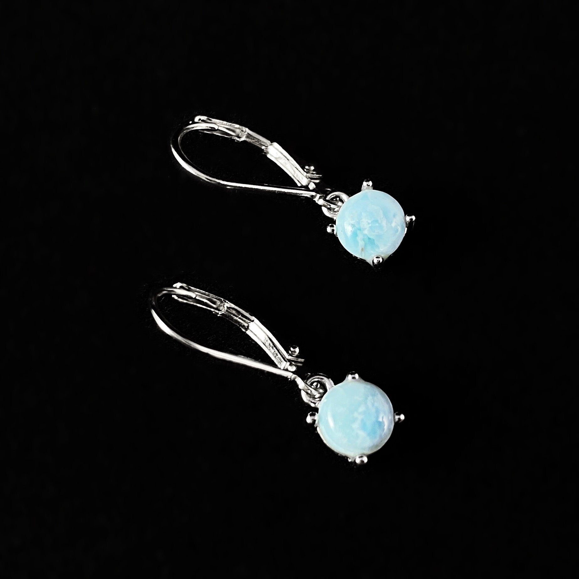 Sterling Silver Round Lever Back Earrings with Natural Larimar Stones