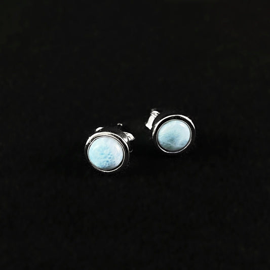 Sterling Silver Round Stud Earrings with Natural Larimar Stones