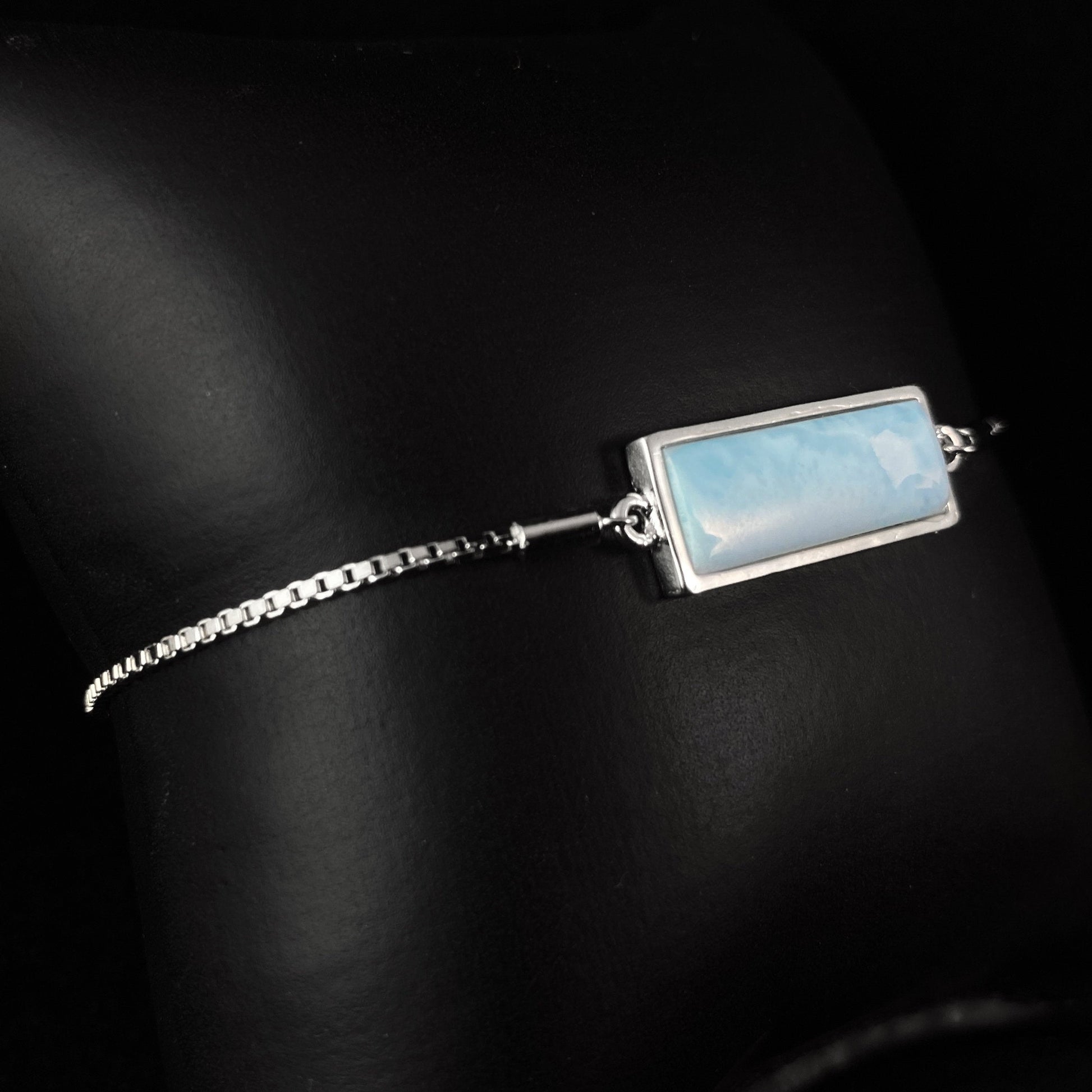 Sterling Silver Slider Chain Bracelet with Rectangle Natural Larimar Stone
