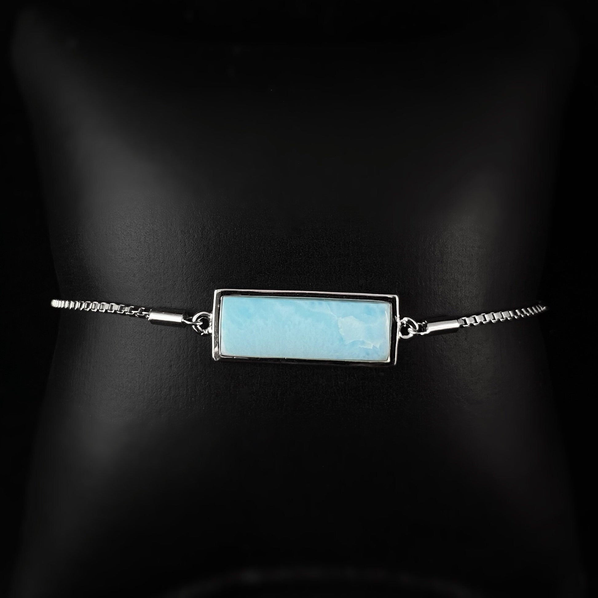 Sterling Silver Slider Chain Bracelet with Rectangle Natural Larimar Stone
