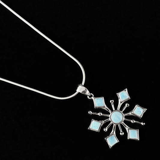 Sterling Silver Snowflake Necklace with Natural Larimar Stones