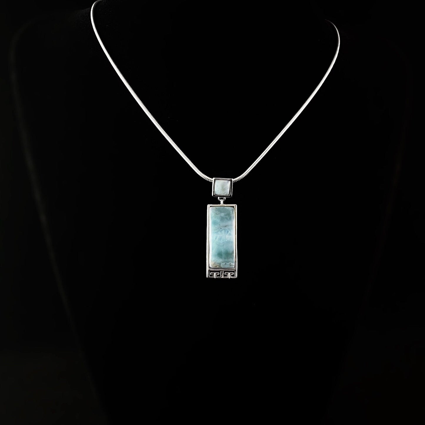 Sterling Silver Square and Rectangle Greek Design Necklace with Natural Larimar Stone