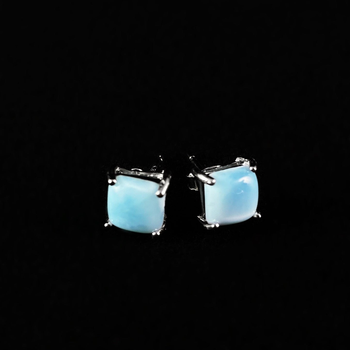 Sterling Silver Stud Earrings with Princess Cut Natural Larimar Stones