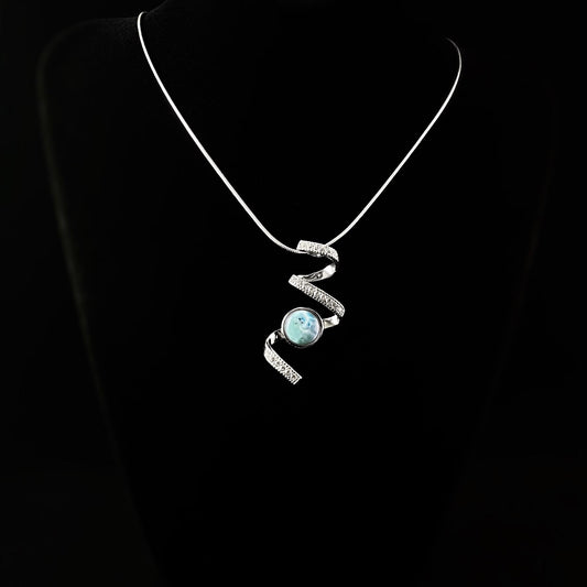 Sterling Silver Swirl Necklace with Round Natural Larimar Stone