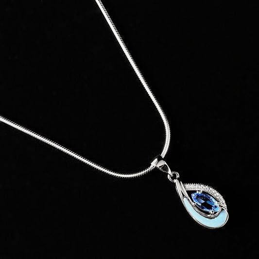 Sterling Silver Teardrop Necklace with Natural Larimar Stone and Tanzanite