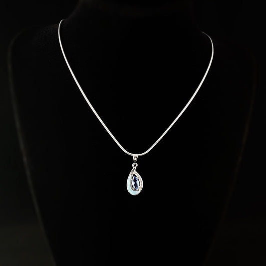 Sterling Silver Teardrop Necklace with Natural Larimar Stone and Tanzanite