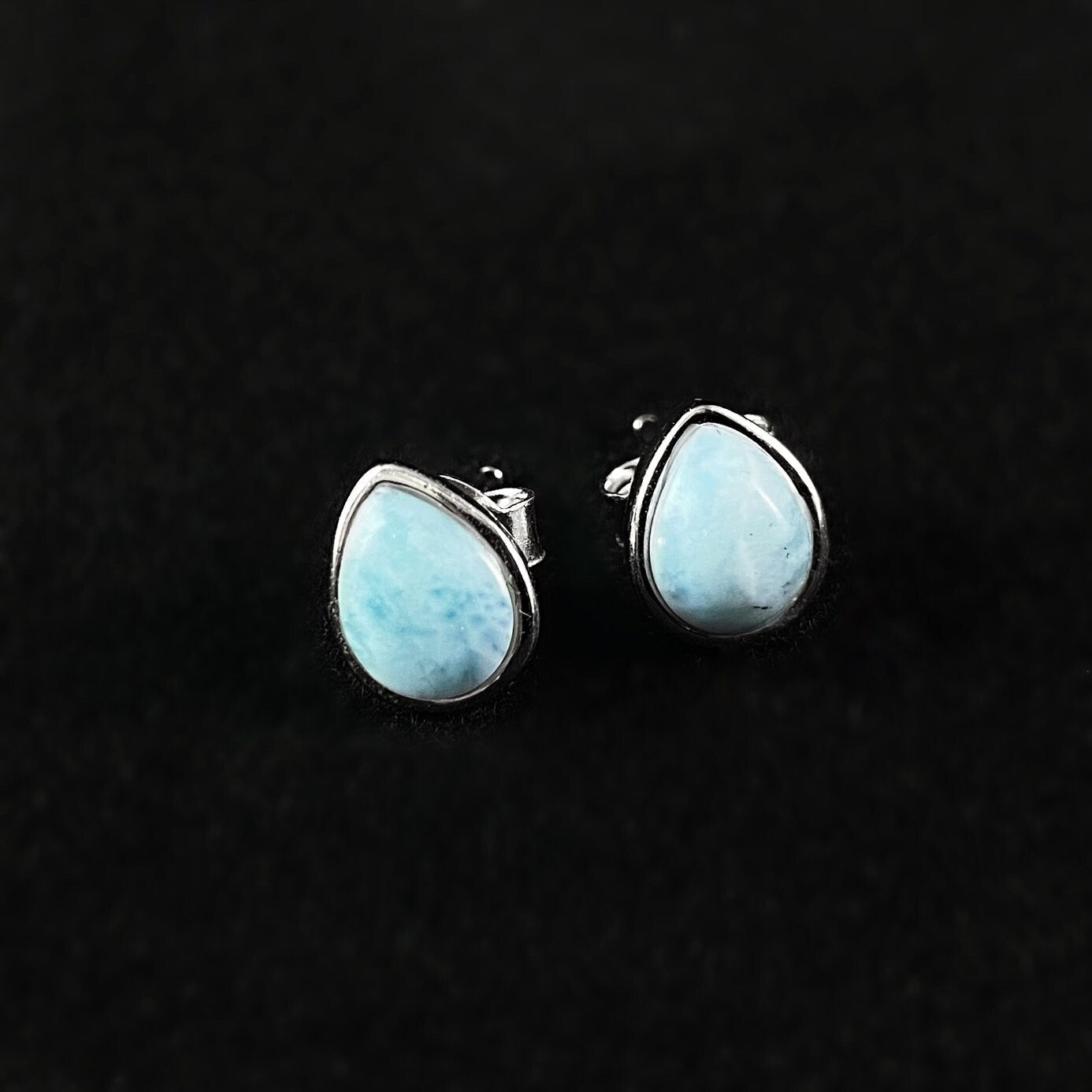 Sterling Silver Teardrop Stud Earrings with Natural Larimar Stones