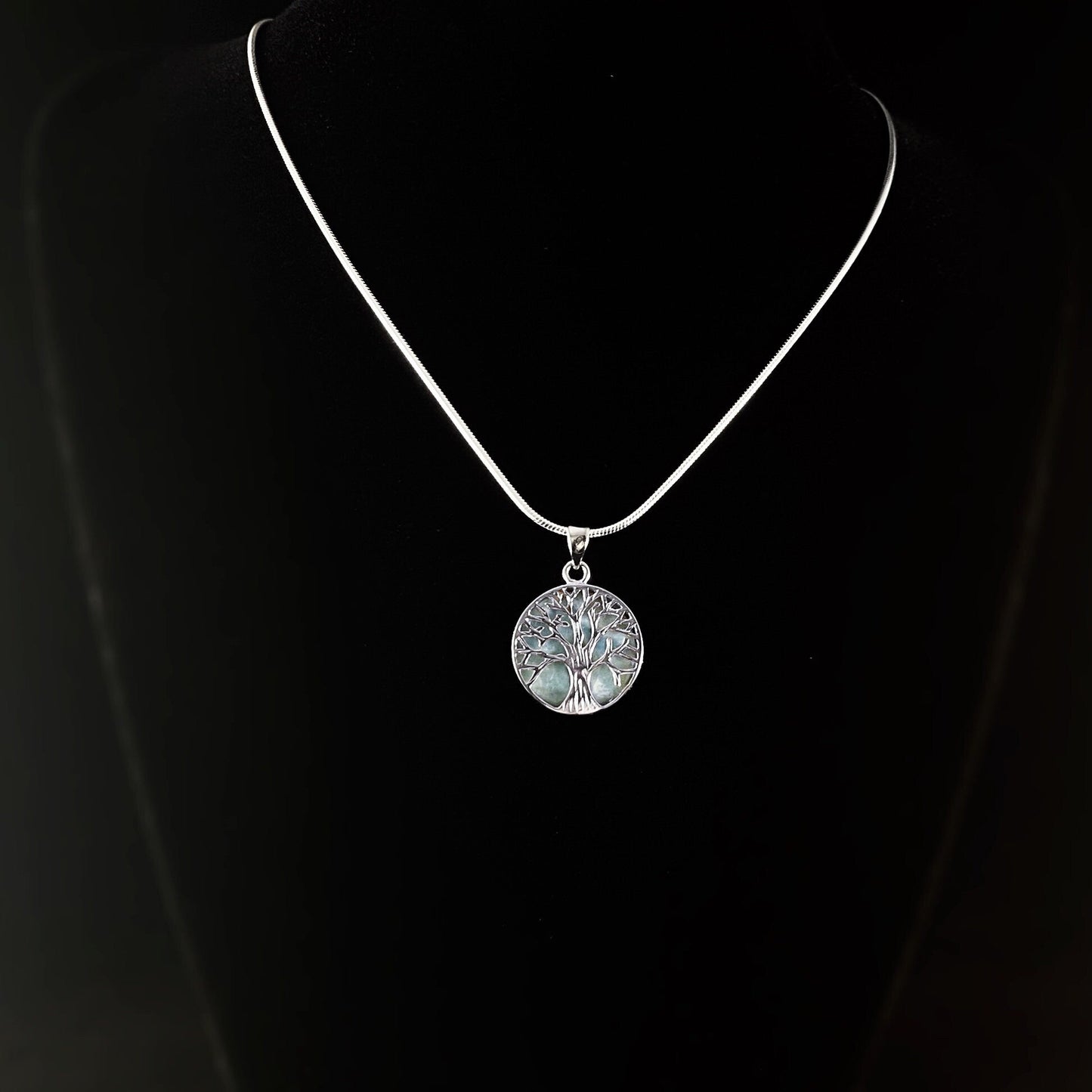 Sterling Silver Tree of Life Necklace with Natural Larimar Stone