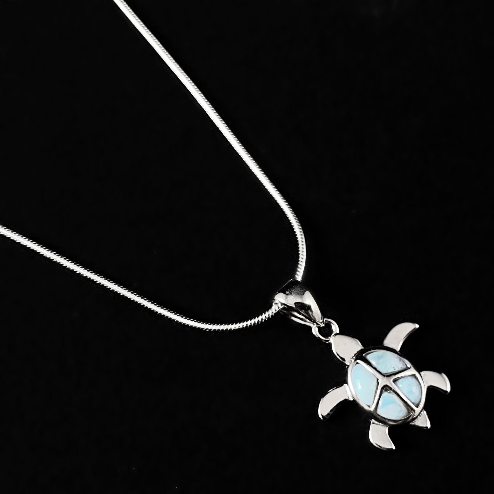 Sterling Silver Turtle Necklace with Natural Larimar Stones
