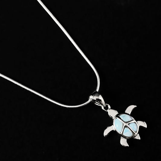 Sterling Silver Turtle Necklace with Natural Larimar Stones