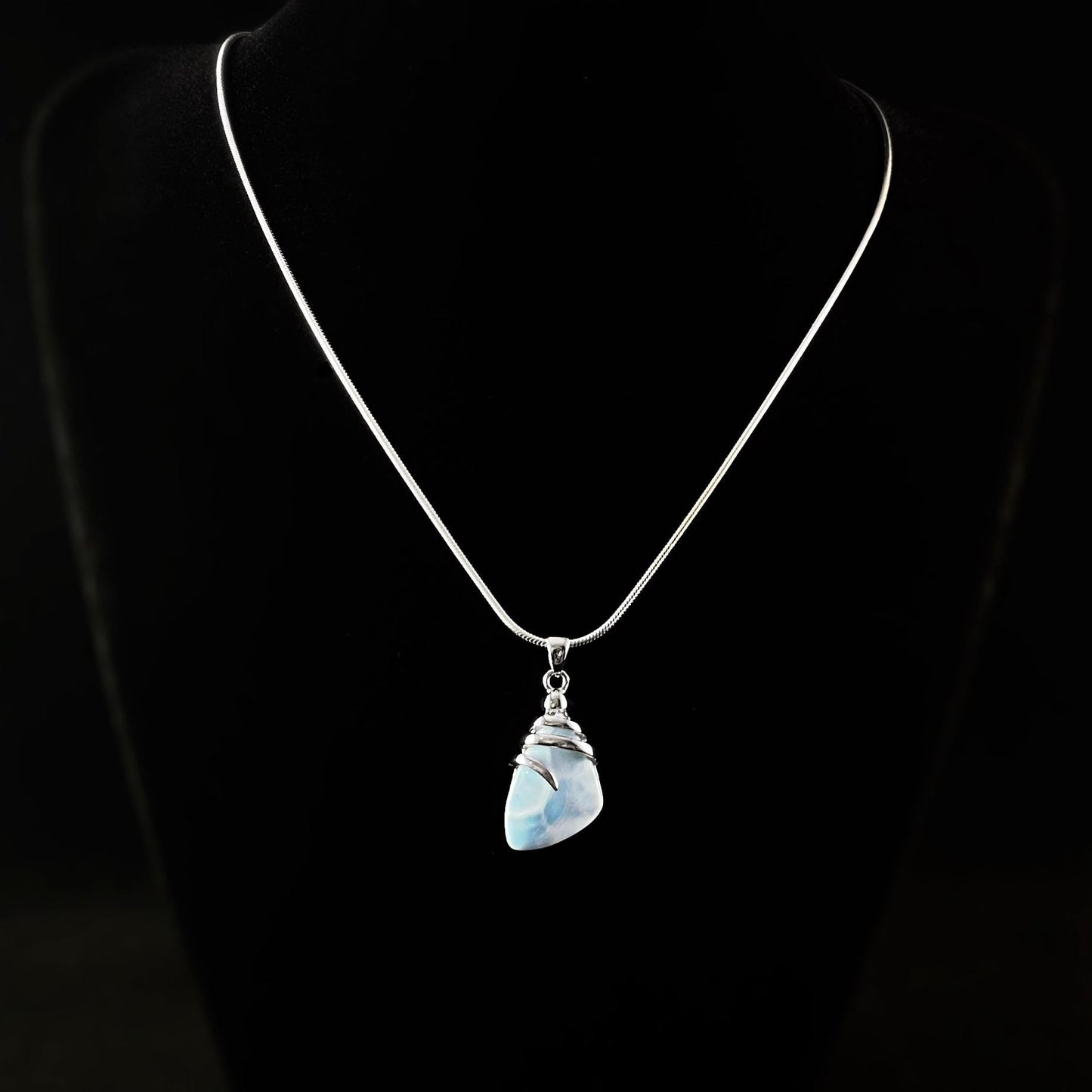 Sterling Silver Twist Necklace with Natural Larimar Stone