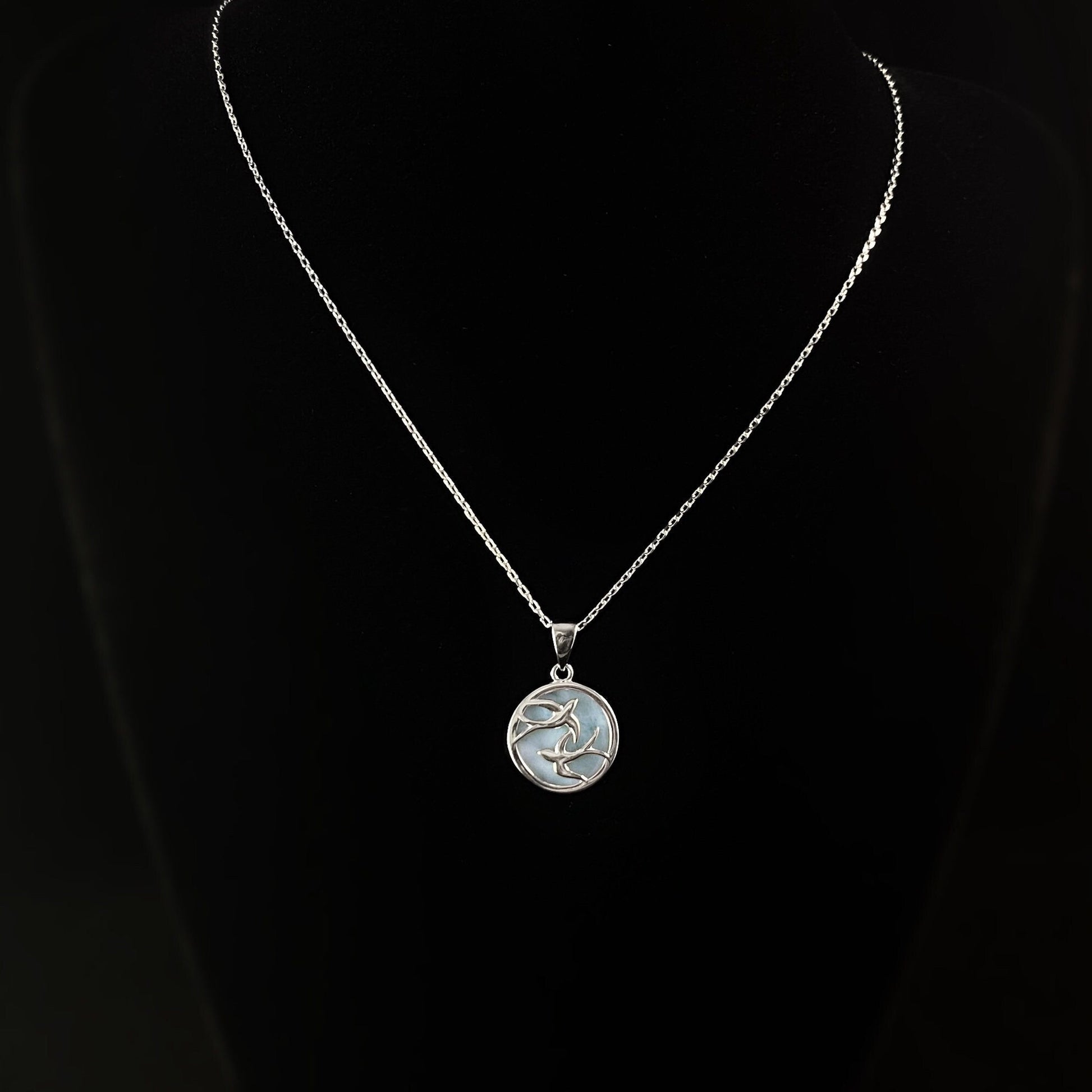 Sterling Silver Two Doves Necklace with Natural Larimar Stone