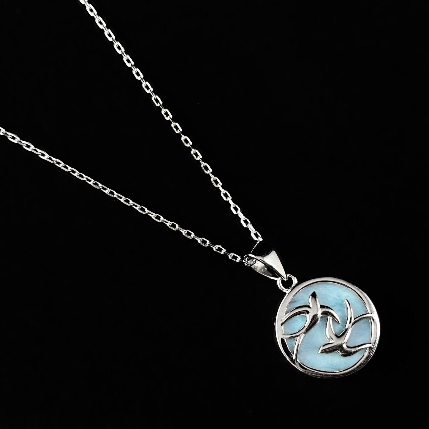 Sterling Silver Two Doves Necklace with Natural Larimar Stone
