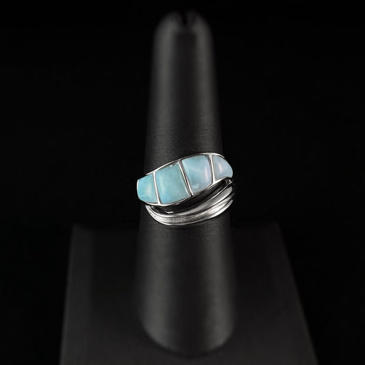 Sterling Silver Wave Ring with Natural Larimar Stones, Size 8
