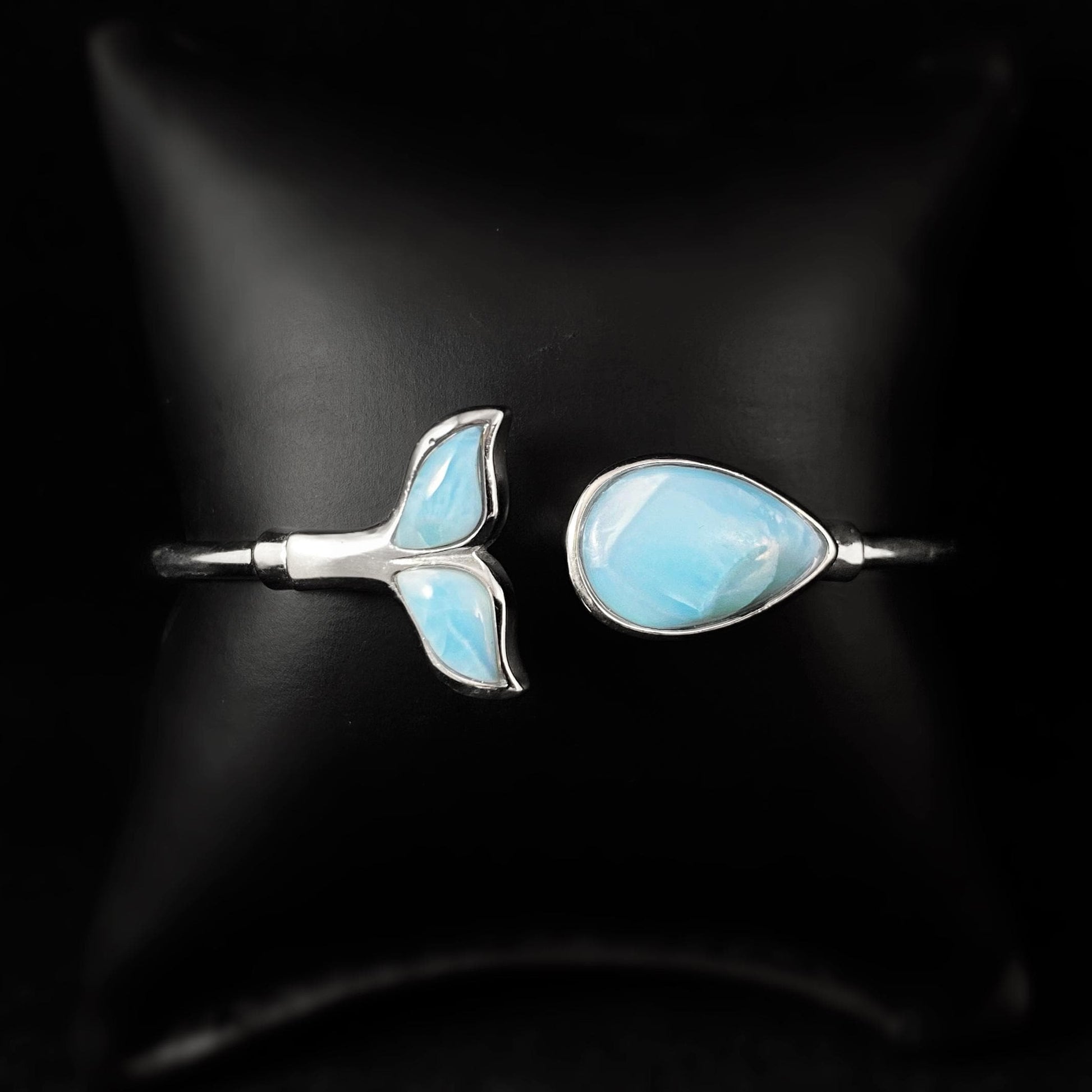 Sterling Silver Whale Tail Cuff Bracelet with Natural Larimar Stones