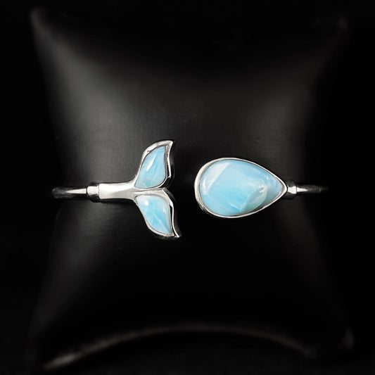 Sterling Silver Whale Tail Cuff Bracelet with Natural Larimar Stones