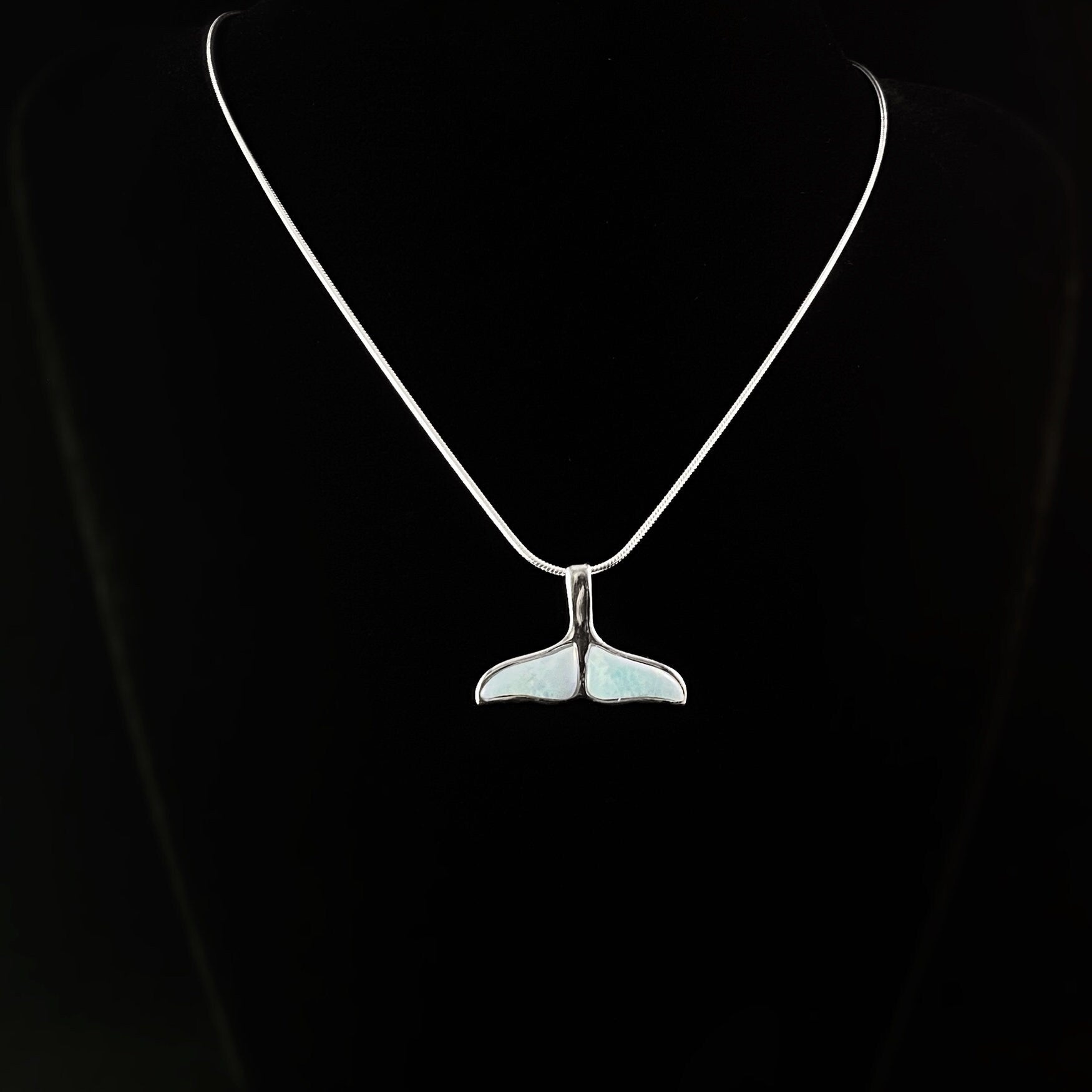 Sterling Silver Whale Tail Necklace with Natural Larimar Stones
