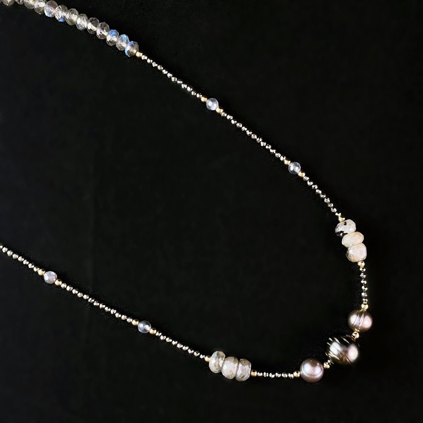 Tahitian Pearl, Freshwater Pearl, Silverlite, Labradorite, and Pyrite Necklace, Handmade in USA - Avaasi