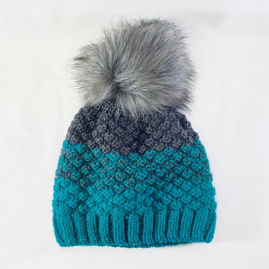 Teal and Gray Winter Beanie With Pompom - Made From Italian Wool, Acrylic Yarn, and Faux Fur