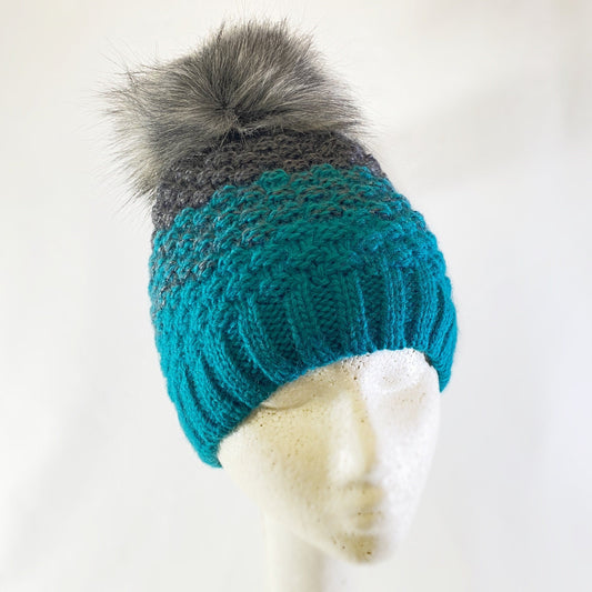 Teal and Gray Winter Beanie With Pompom - Made From Italian Wool, Acrylic Yarn, and Faux Fur