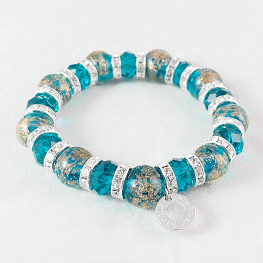 Teal Blue Beaded Venetian Glass Bracelet - Handmade in Italy, Colorful Murano Glass
