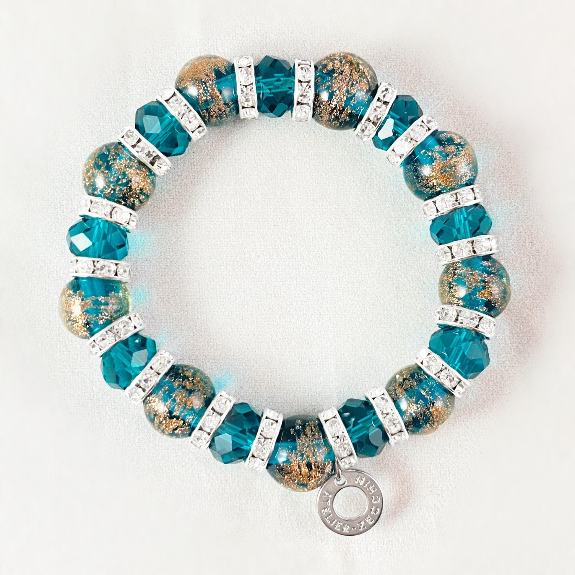 Teal Blue Beaded Venetian Glass Bracelet - Handmade in Italy, Colorful Murano Glass