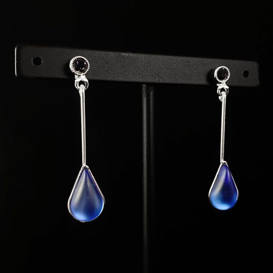 Teardrop Dangle Earrings with Silver Wire and Handmade Glass Beads, Hypoallergenic, Sapphire - Kristina